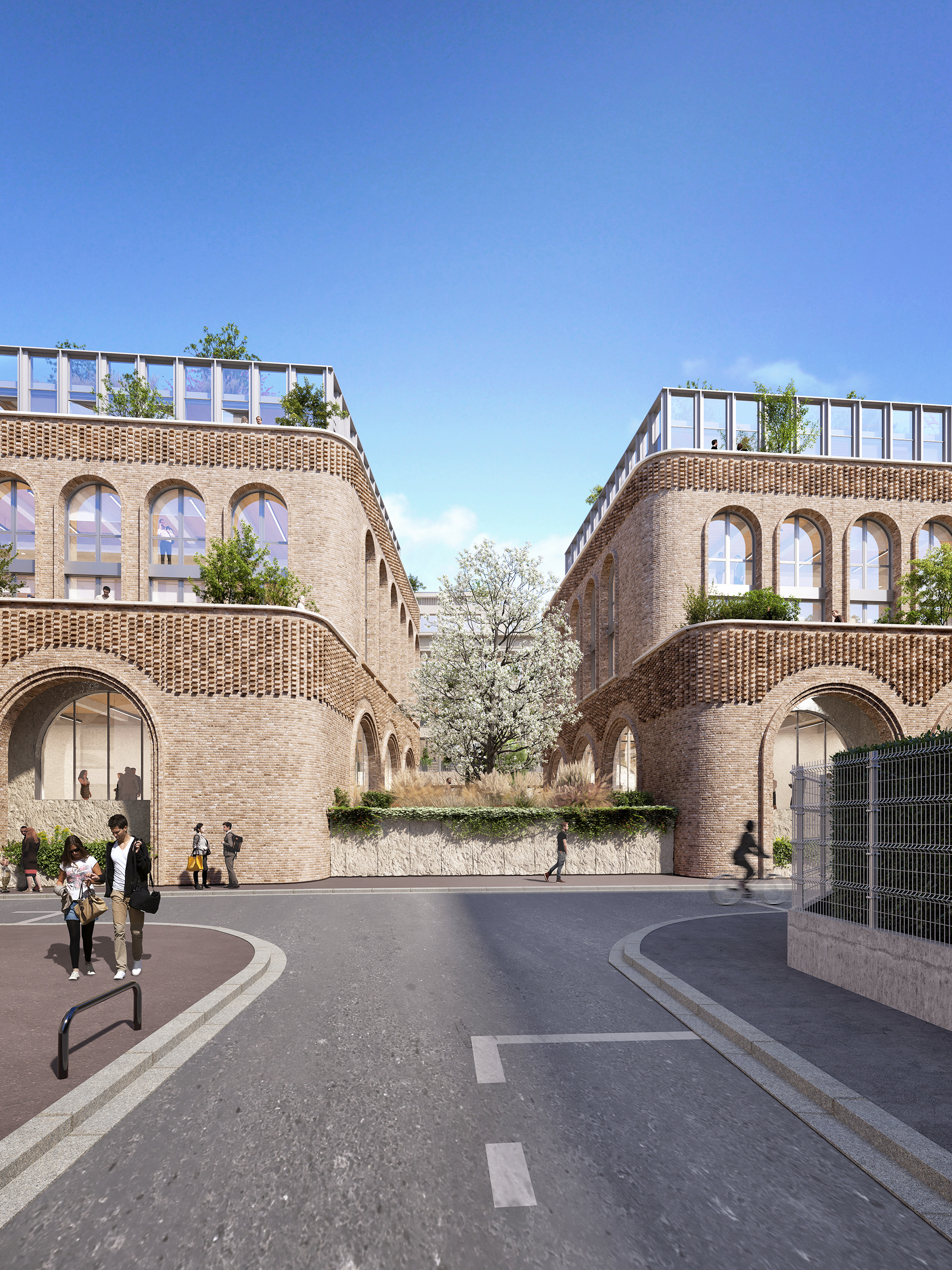 Façade rue du projet Saint-Cloud Campus – deux bâtiments en brique à arches courbes, surélévation vitrée végétalisée et passage central paysager