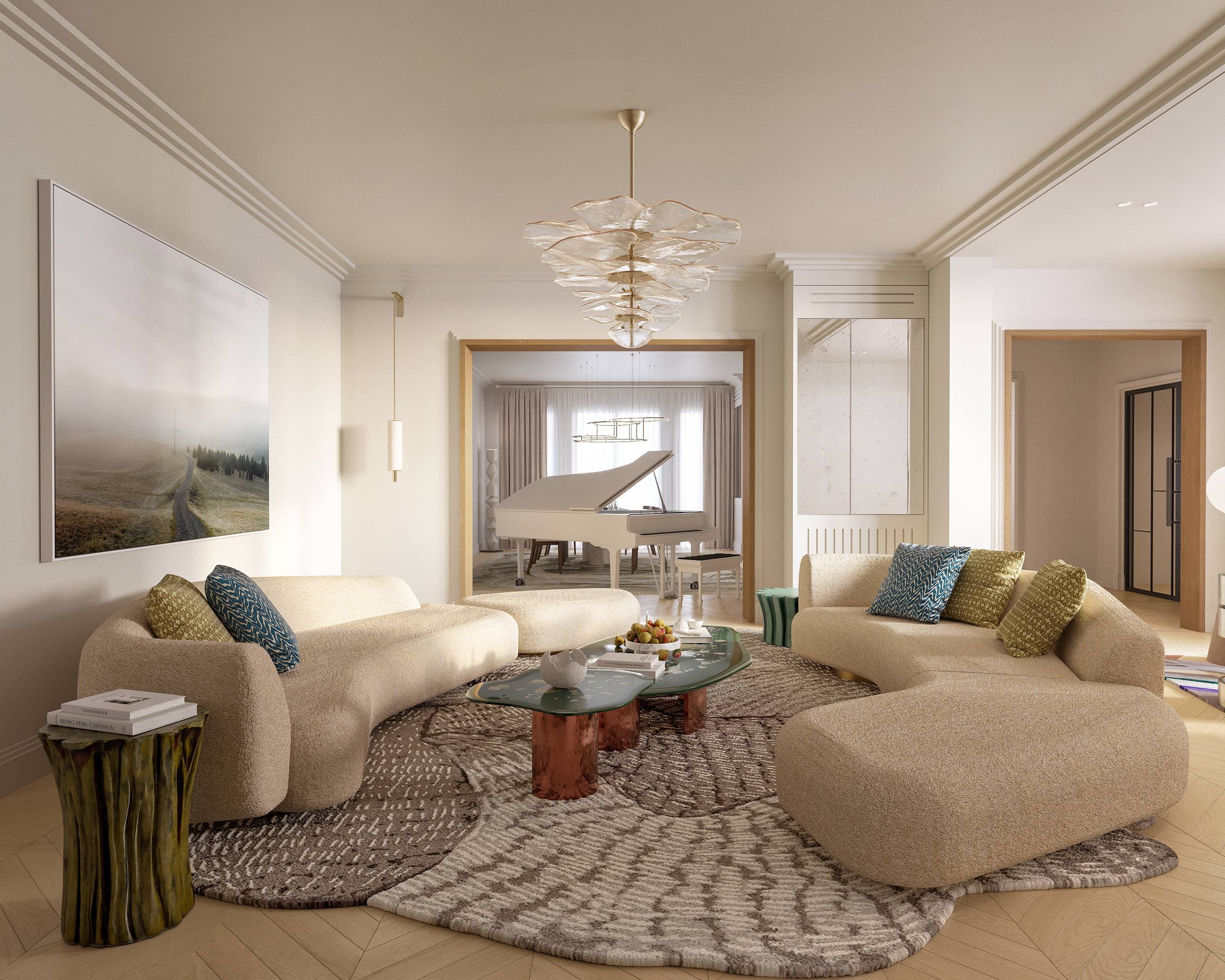 Signature – salon en canapés bouclette crème, lustre en verre soufflé doré, piano à queue blanc en arrière-plan, parquet en chevrons