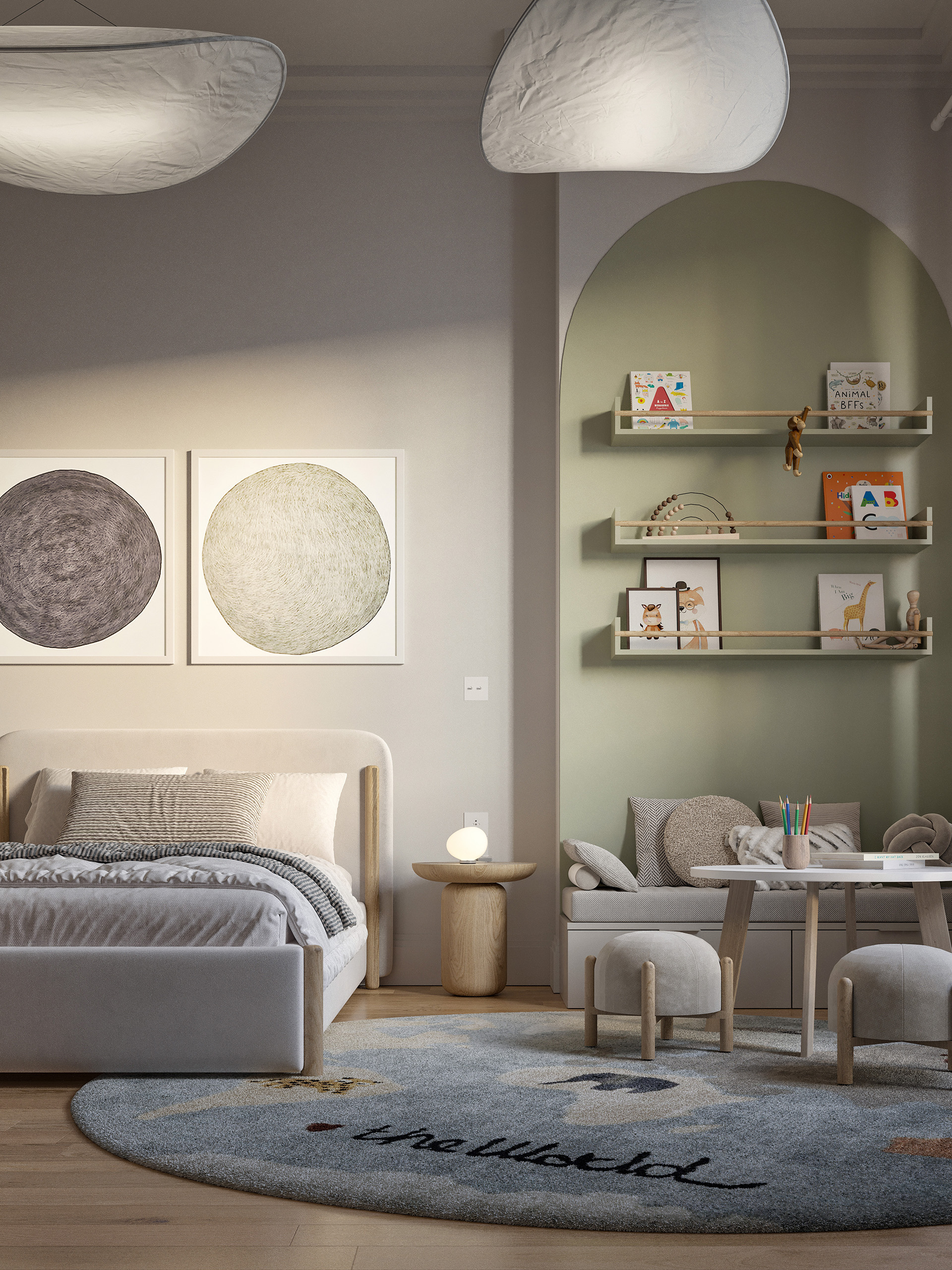 Signature – chambre enfant avec niche en arche verte sauge, étagères de livres, lit crème, tapis rond mappemonde