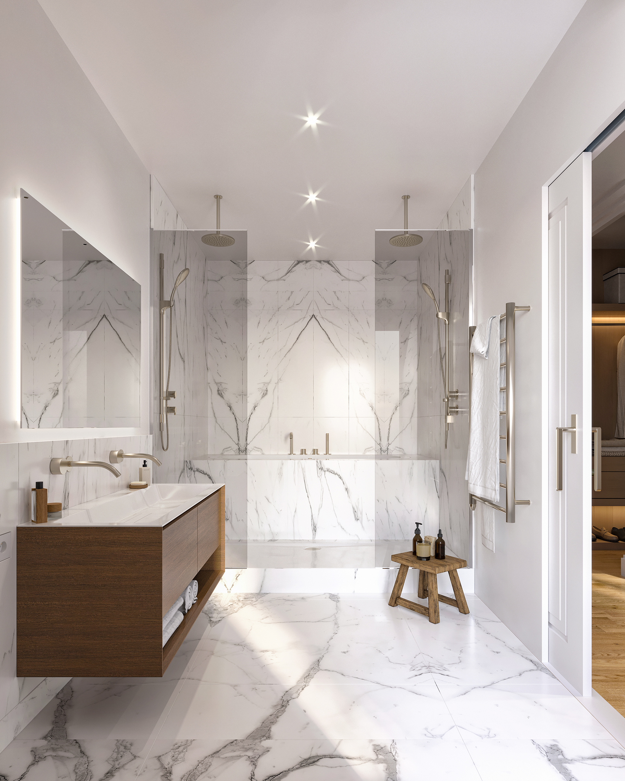 Salle de bain principale Signature, marbre blanc en opus incerto, double douche à l'italienne, meuble vasque chêne et robinetterie laiton brossé.