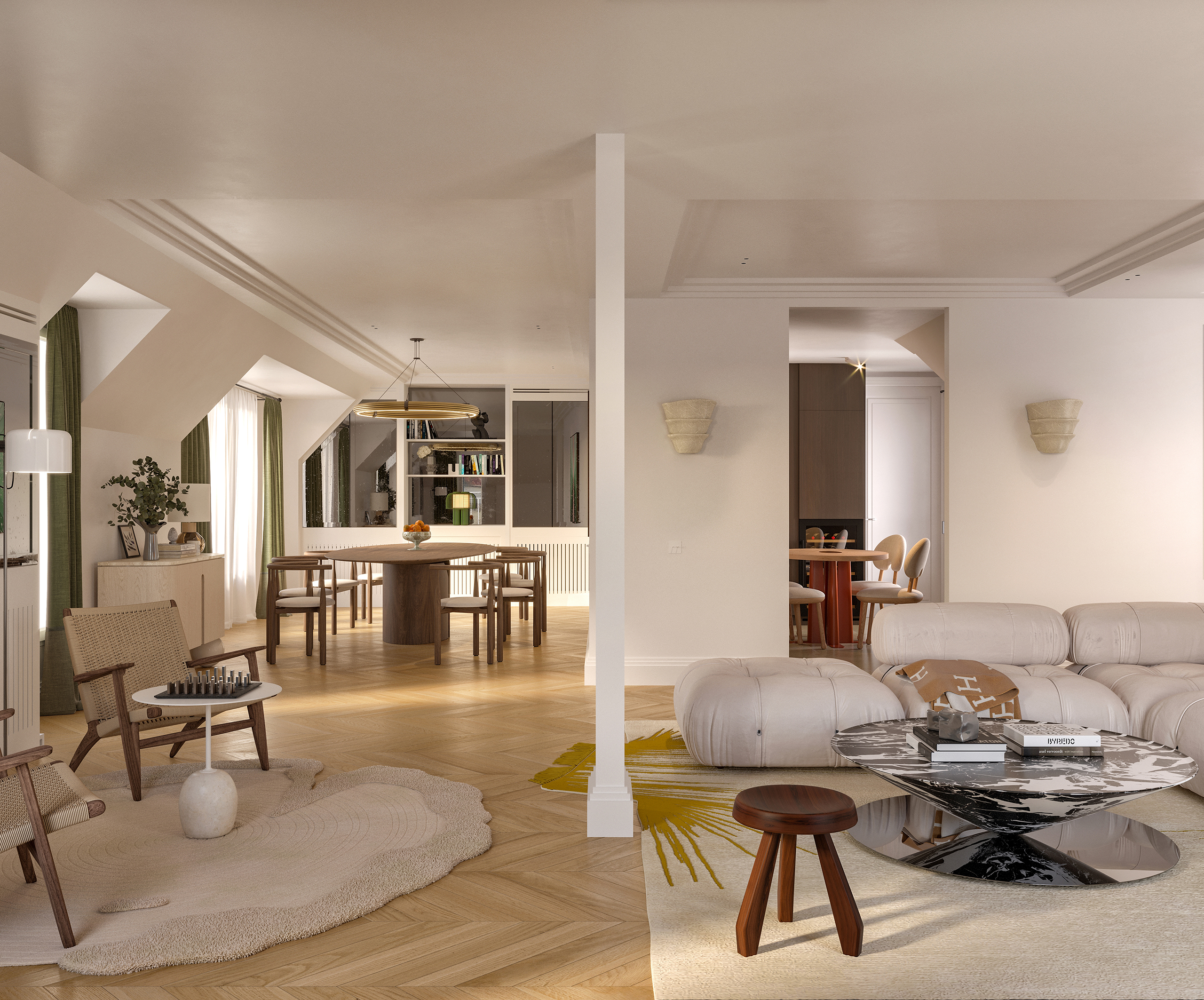 Salon et salle à manger d'un appartement Signature – parquet point de Hongrie, moulures Art déco, canapé Camaleonda et table ovale en noyer