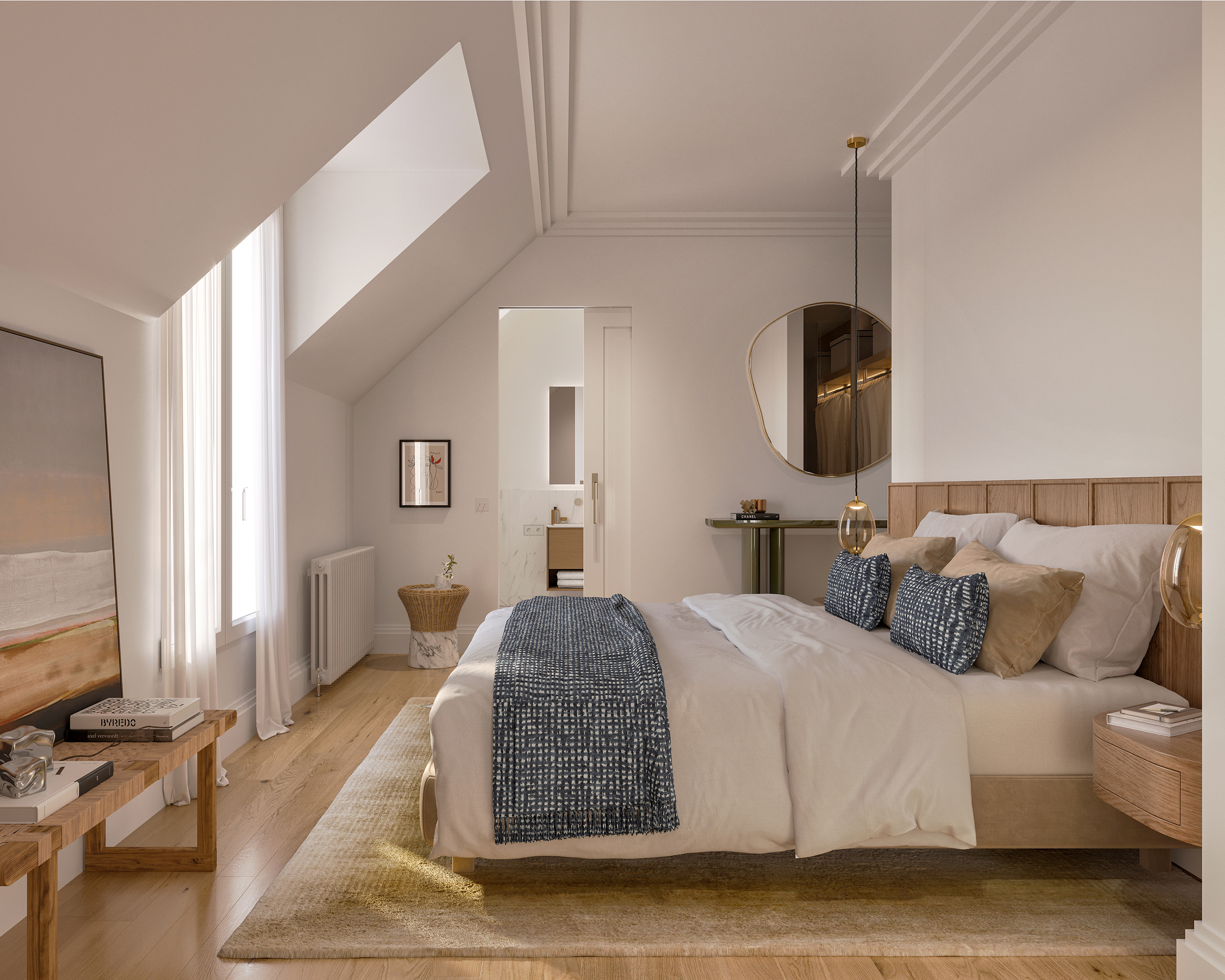 Chambre principale Signature, tête de lit en chêne cannelé, verrière mansardée, suite parentale avec salle de bain en enfilade