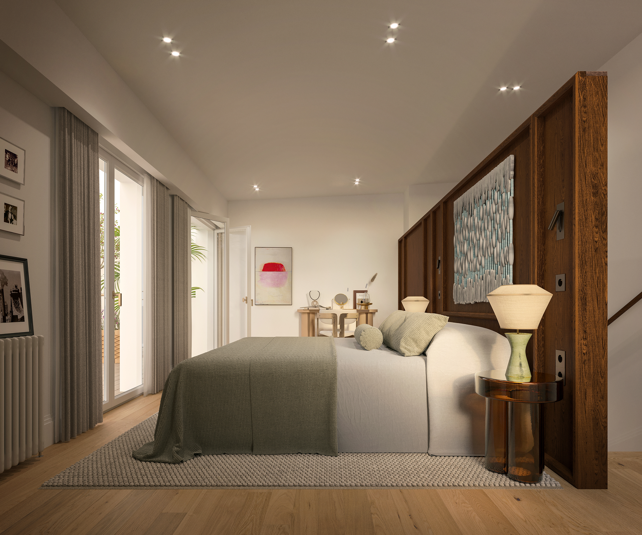 Signature – chambre lumineuse avec tête de lit en noyer, jeté de lit vert sauge, parquet clair, porte-fenêtre ouverte sur végétation
