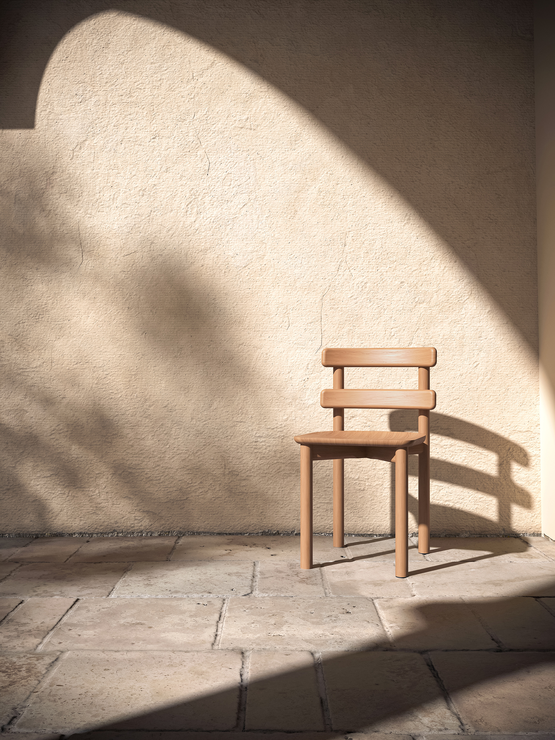 Chaise Sista en bois naturel, design Ionna Vautrin pour BOSC – vue de détail en lumière naturelle sur terrasse en pierre