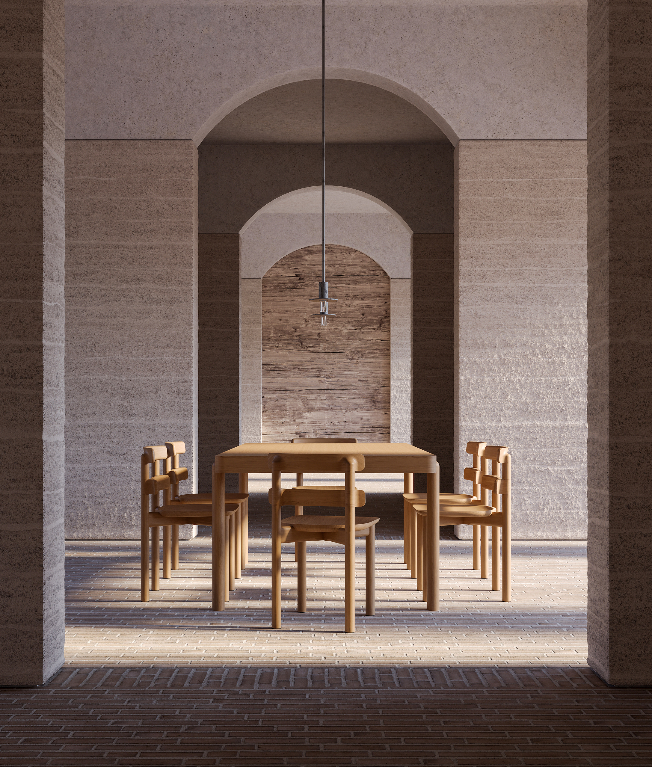 Chaises et table Sista en bois naturel sous une arche en travertin, design Ionna Vautrin pour BOSC – sol en brique, niche en bois brut et lumière rasante