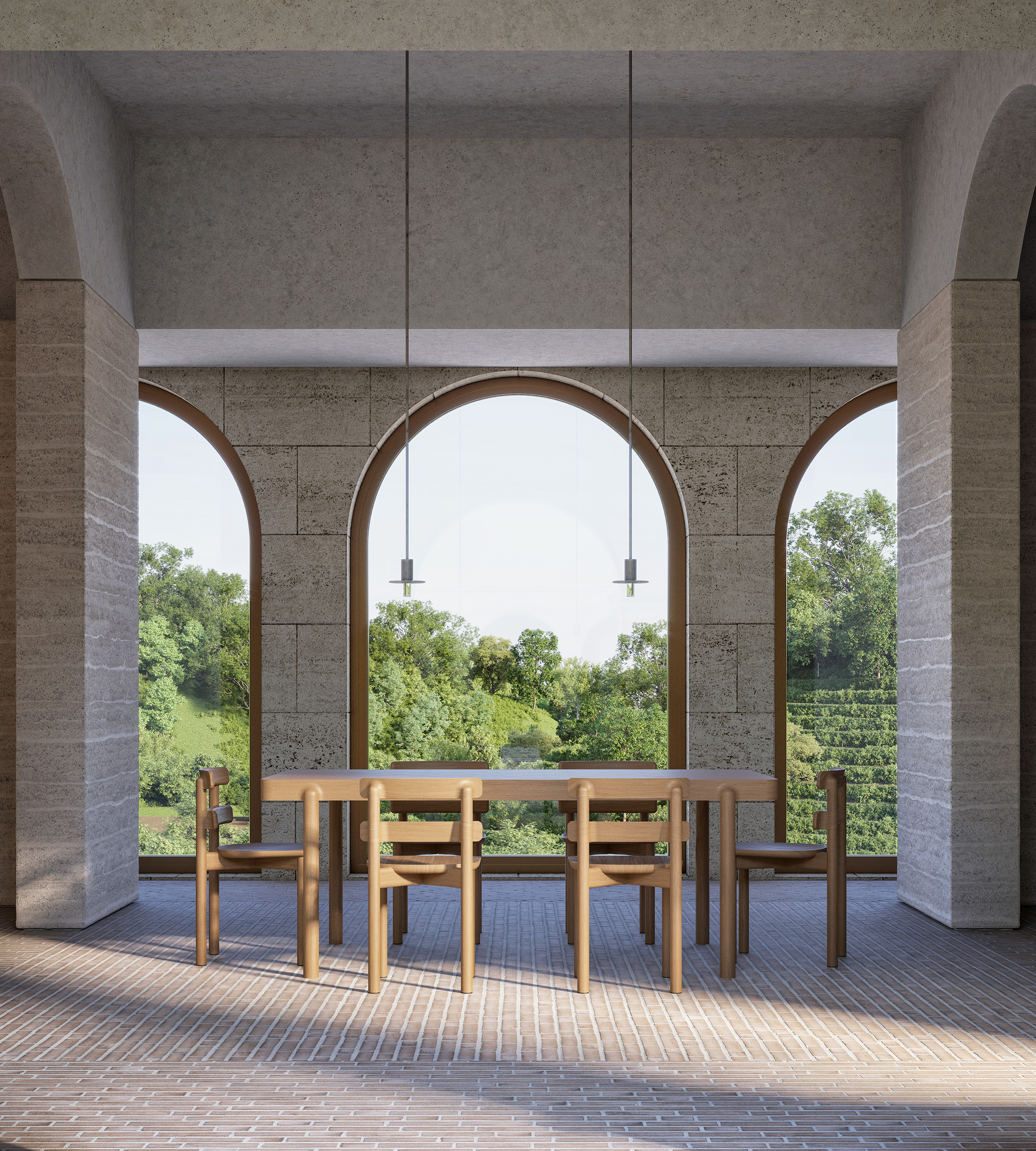 Chaises et table Sista en bois naturel sous une arche en travertin, design Ionna Vautrin pour BOSC – sol en brique, niche en bois brut et lumière rasante