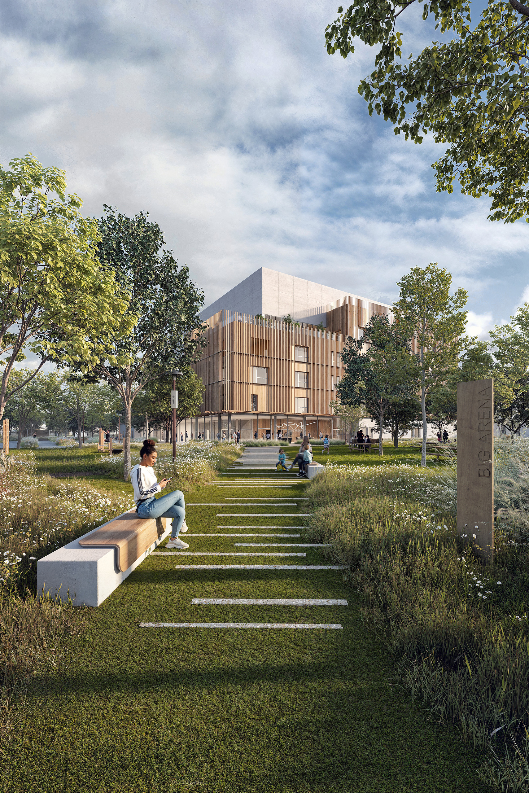 Parc paysager du projet Studio BIG à Rungis – cheminement en pas japonais, prairies fleuries, bardage bois et stèle 