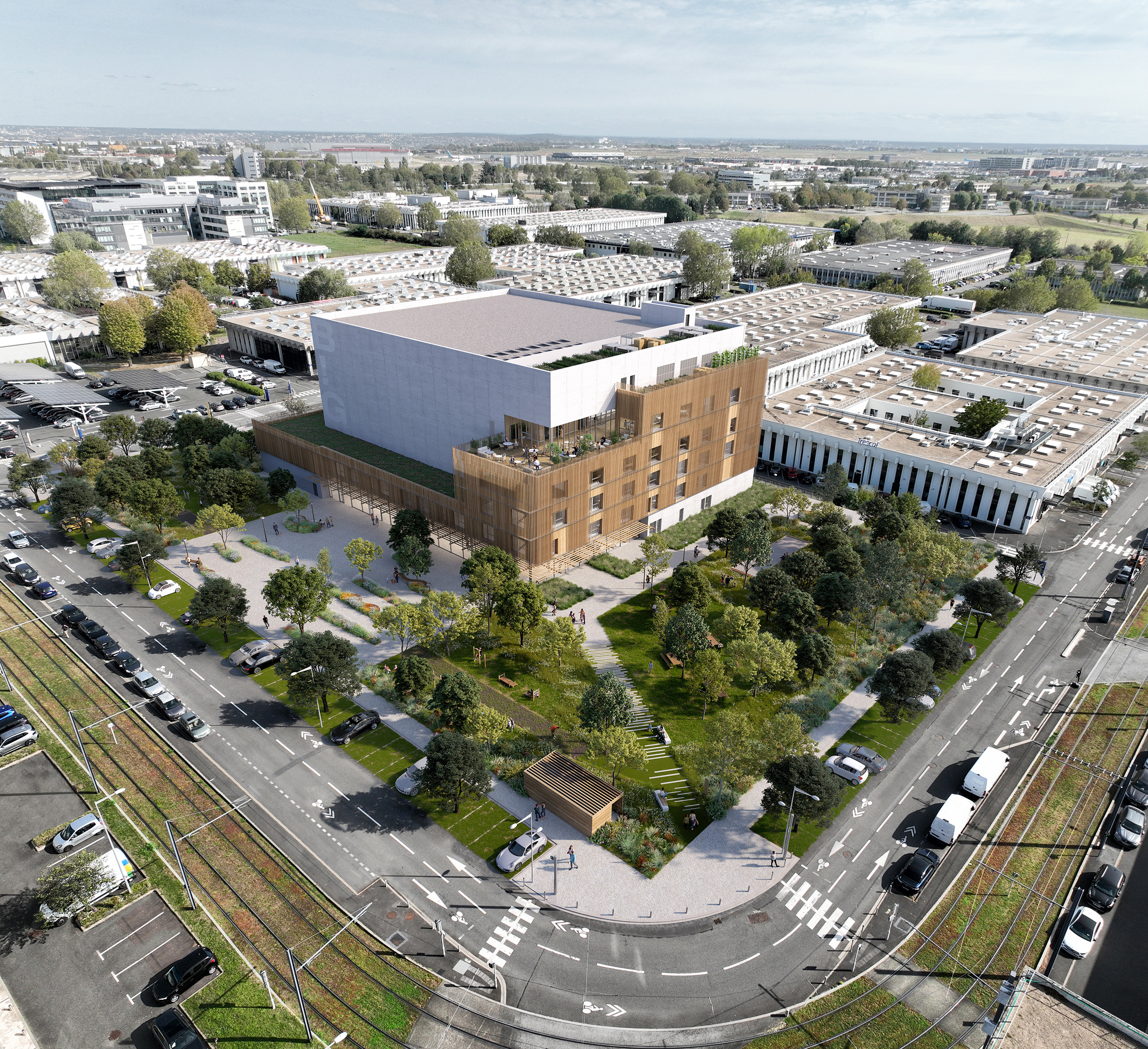 Vue aérienne du projet Studio BIG à Rungis – studios de tournage TV et cinéma, façade bois, parc paysager et toiture végétalisée