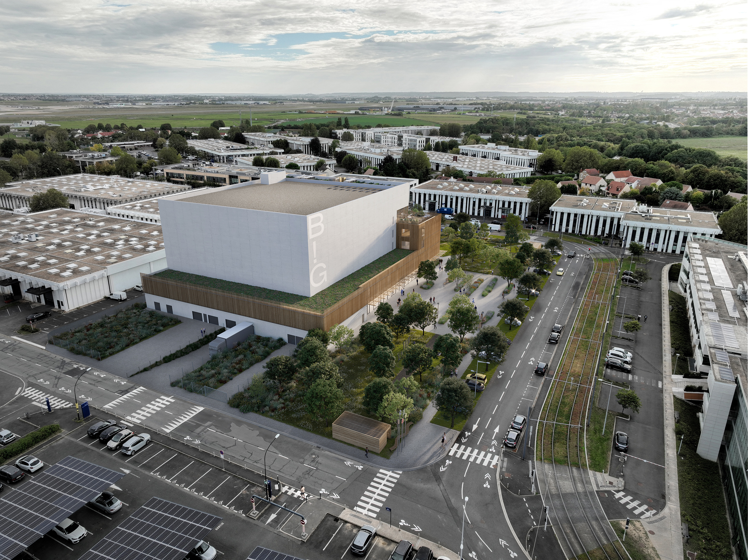 Vue aérienne du projet Studio BIG à Rungis – studios de tournage TV et cinéma, façade bois, parc paysager et toiture végétalisée