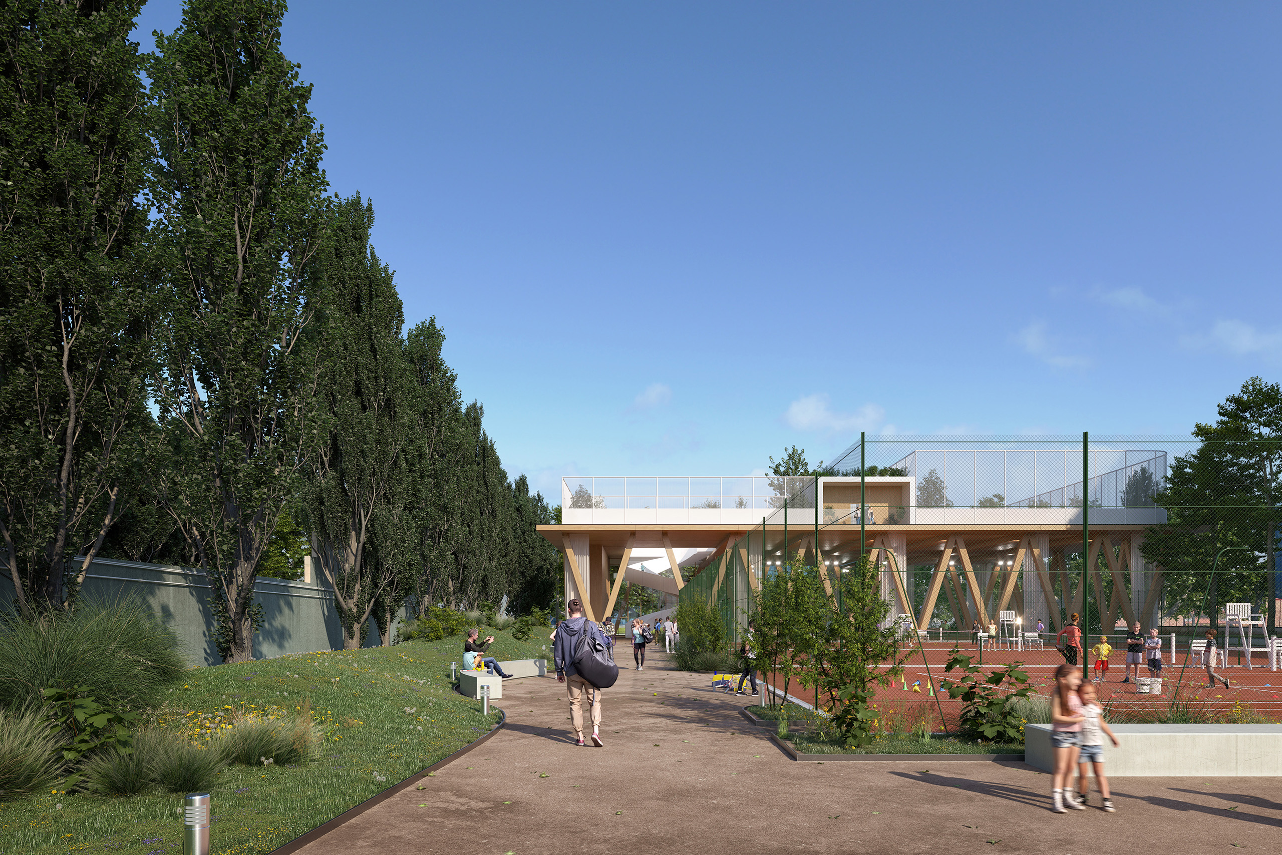 Projet Tennis Club de Paris – pavillon en structure bois sur pilotis, court en terre battue et cheminement paysager.