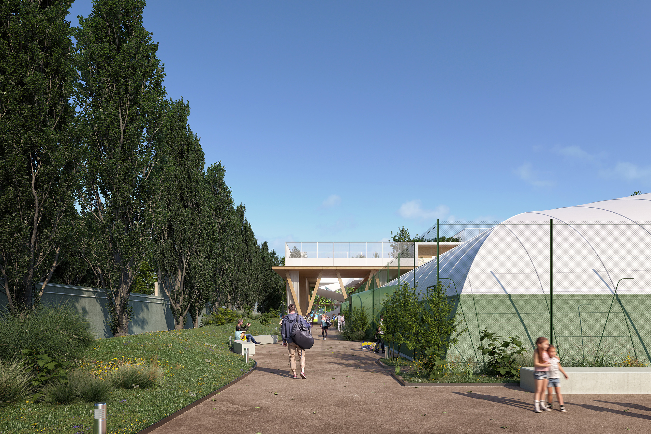 Cheminement paysager du Tennis Club de Paris – pavillon bois sur pilotis, bulle de tennis couverte et parc arboré.