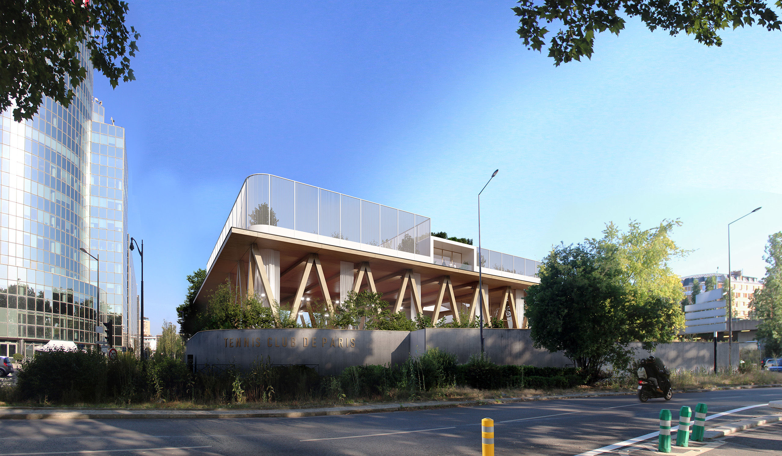 Vue de rue du nouveau pavillon du Tennis Club de Paris – structure bois lamellé en V sur socle béton, toiture-terrasse vitrée et végétation intégrée.