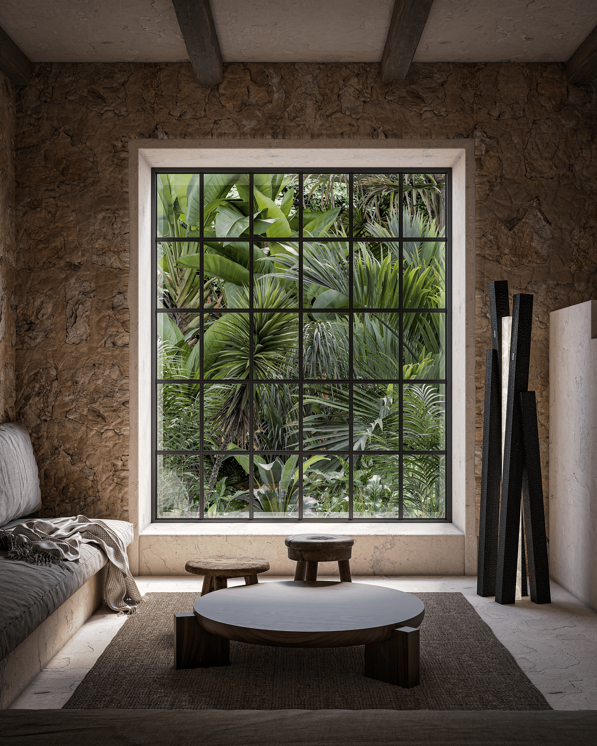 Salon minéral avec lampadaire Incandescence Terra en lave noire, grande fenêtre sur jardin tropical, mur en pierre brute et table basse en bois