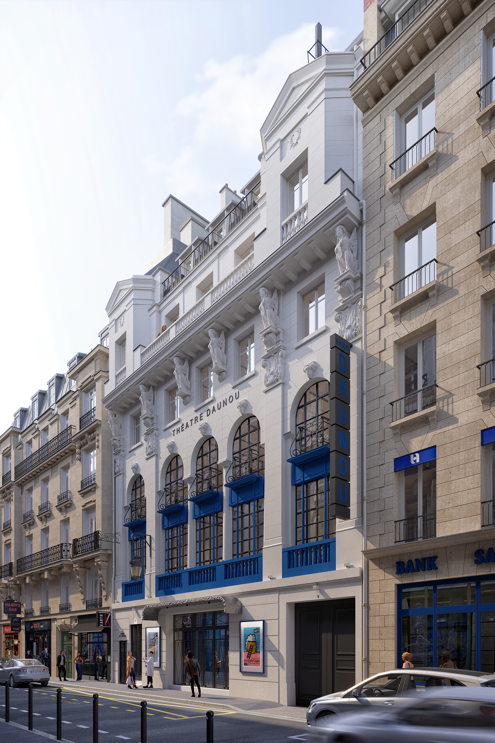 Façade du Théâtre Daunou de jour – pierre blanche, caryatides sculptées, menuiseries et marquise bleu électrique