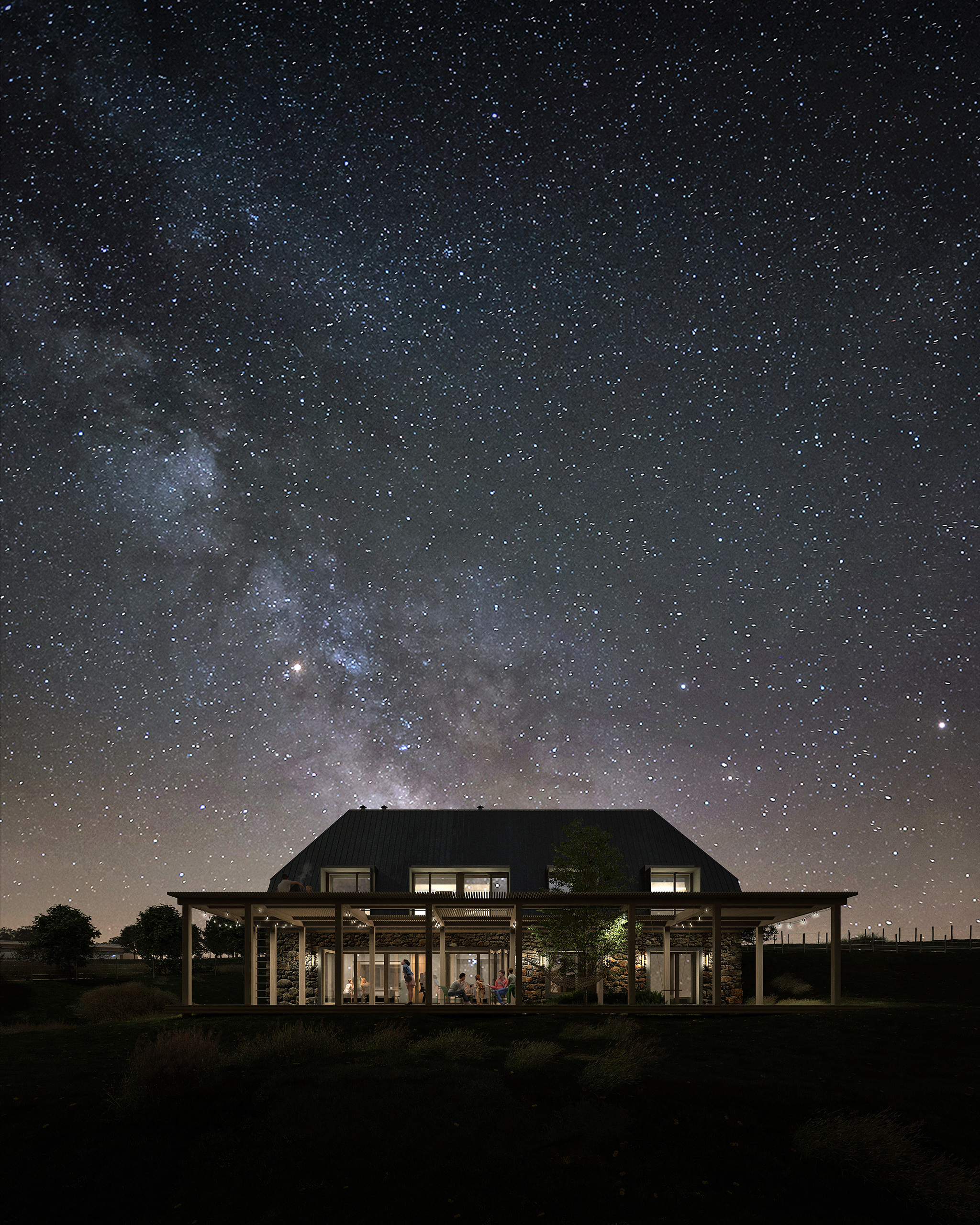 Valat – bâtisse en pierre et toiture métallique sombre, terrasse couverte animée et éclairée, sous un ciel nocturne étoilé avec voie lactée