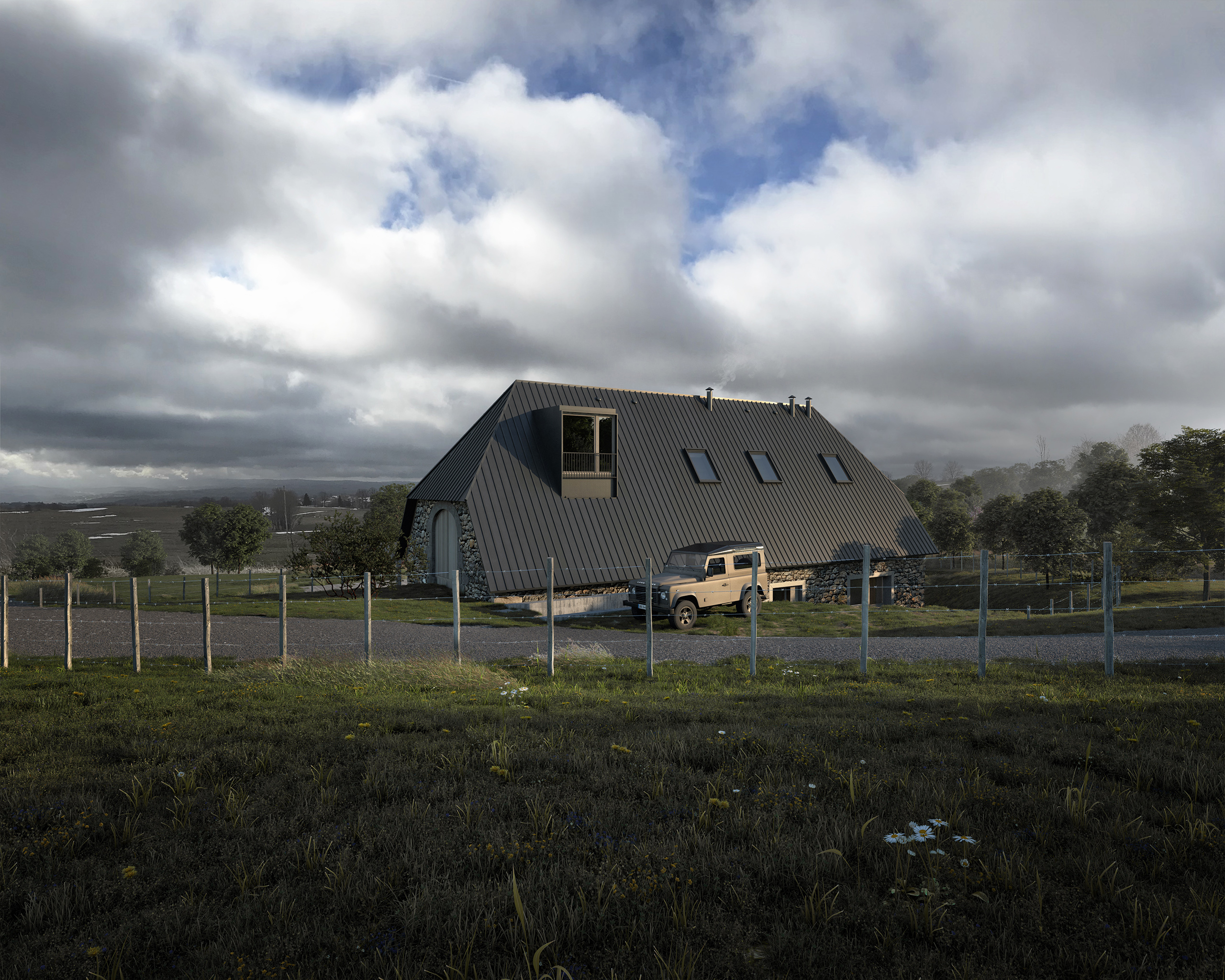 Valat – bâtisse en pierre à toiture métallique sombre, lucarne et balcon, vue arrière sur paysage vallonné sous ciel nuageux