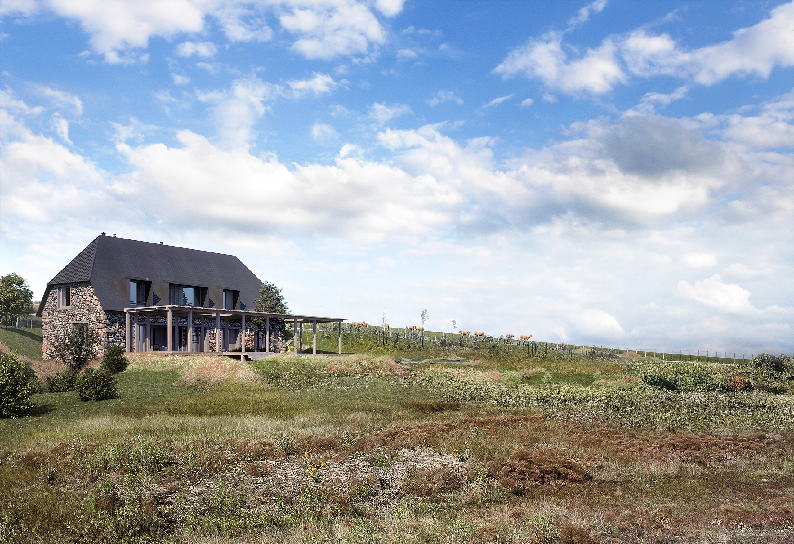 Valat – bâtisse en pierre et toiture métallique sombre, terrasse couverte sur piliers, prairie vallonnée avec troupeau en arrière-plan.