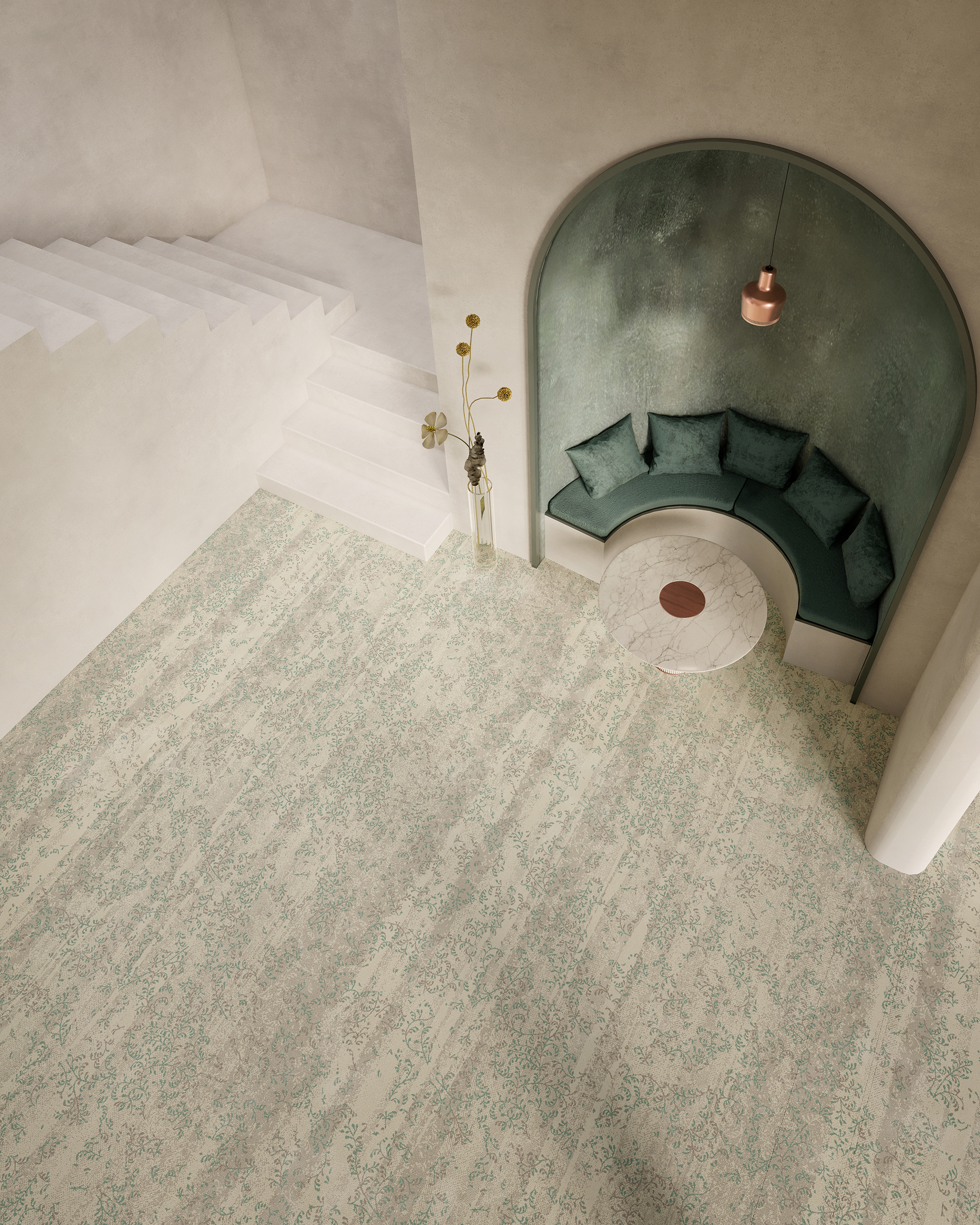 Alcôve arrondie en stuc vert patine avec banquette semi-circulaire et moquette motif floral Bohème – collection Vision of Elegance, Balsan