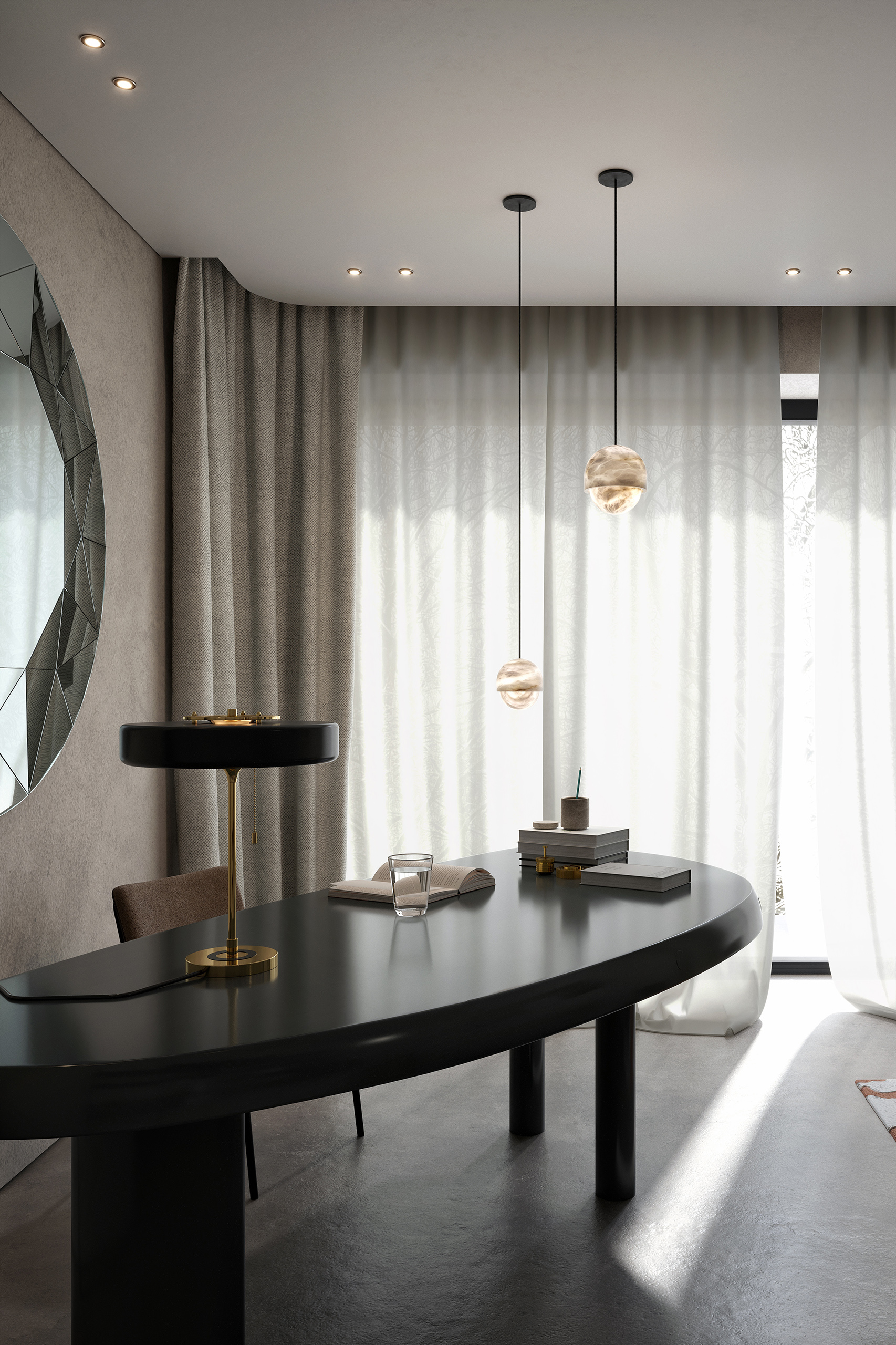 Duo de suspensions Yoko en sphères d'albâtre naturel sur câble noir, bureau gris ardoise et miroir facetté