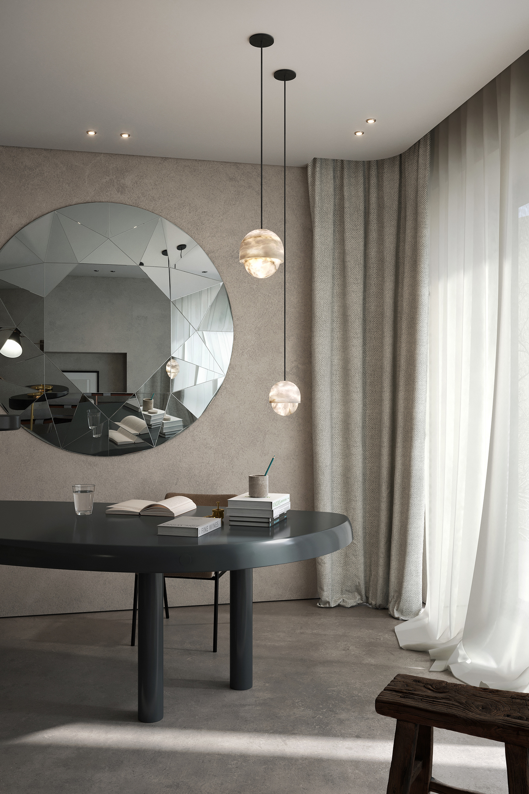 Duo de suspensions Yoko en sphères d'albâtre naturel sur câble noir, bureau gris ardoise et miroir facetté